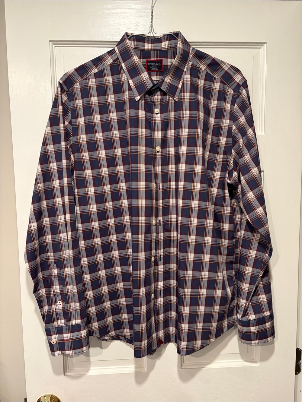 UNTUCKit Navy Plaid Button-Down Shirt with White and Red Stripes
